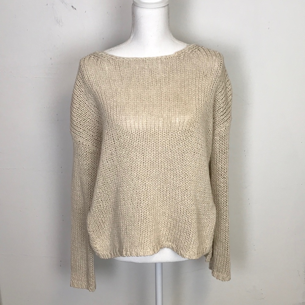 360 Sweater Cream Open Knit Tie Neck Italian Yarn
